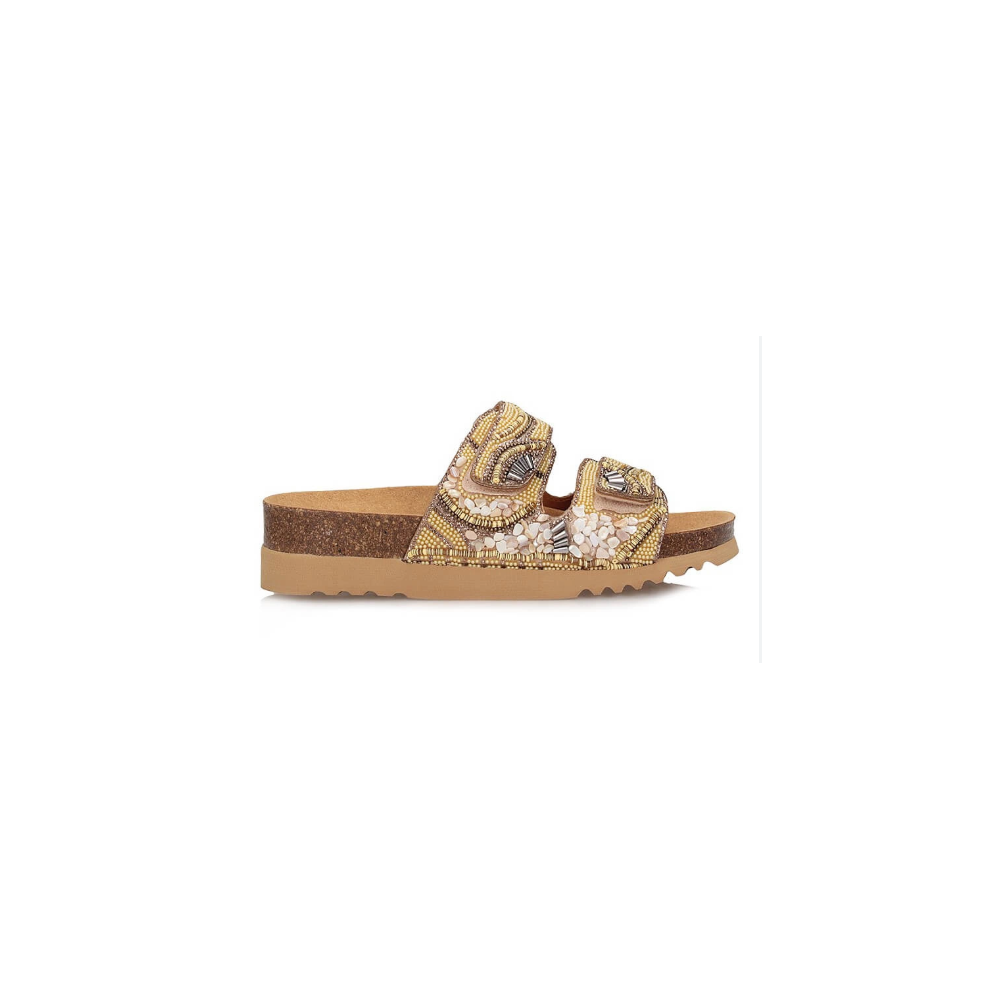 LISBOA SANDALI 2 STRAPS MICROFIBRA+PERLINE BEIGE